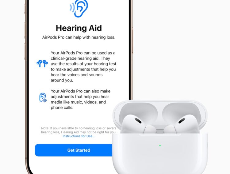 Apple says its AirPods Pro 2 transform into a clinical-grade hearing aid for adults with mild to moderate hearing loss. Image: Apple.