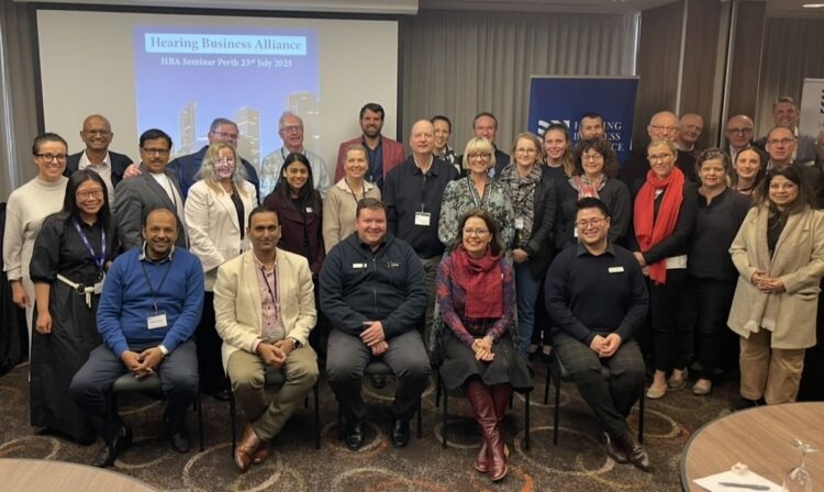 Hearing Business Alliance Perth 2025 seminar delegates and  exhibitors at the Perth Mercure with CEO Jane MacDonald seated far right. Image: HBA.