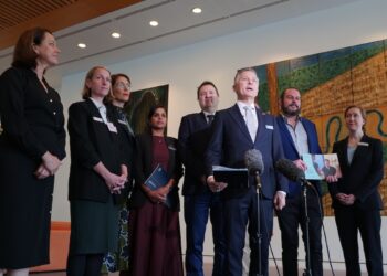 RACGP president Dr Michael Wright (behind the microphones) with RACGP board members, including Queensland chair, Dr Cathryn Hester, far right. Image: RACGP. 