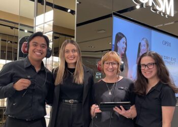 (From left) In the OPSM Castle Hill store are managing optometrist Arvin Pingol, clinical audiologist Marisa Varrica and optical dispensers Fiona Thomas and Pascal Velasquez. Image: EssilorLuxottica.