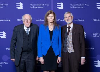 Cochlear implant pioneers, from left, Professor Graeme Clark AC from Australia, Dr Ingeborg Hochmair and Professor Erwin Hochmair from Austria at the QEPrize announcement in London. Image: Jason Alden/QEPrize.