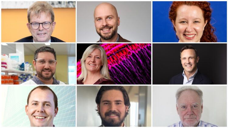 The successful grant recipients, top (L-R), Professor Stephen O'Leary, Dr Christo Bester, Dr Claire Frauenfelder; second row (L-R) Associate Professor Timothy Wells, Associate Professor Bryony Nayagam, Dr Nathan Creber. Bottom (L-R) Dr Jeremy Pinyon, Mr Pablo Cruz-Granados and Associate Professor Bernard Whitfield. Images: Passe & Williams Foundation/Royal Victorian Eye and Ear Hospital/Ear Science Institute Australia/Jeremy Pinyon.