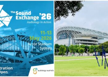 Accor Stadium at Sydney Olympic Park will host audiologists from across the country keen to upskill in practical skills and knowledge at The Sound Exchange '26. Images:Gerry.H/Shutterstock and Audiology Australia.