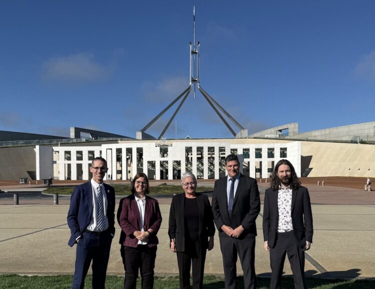 Deaf Connect chief services officer Brent Phillips, translations manager Debbie Kennewell, Auslan90 presenter Caroline Conlon, Deaf Connect CEO Brett Casey and translations coordinator Harry Danby at Parliament House. Image: Deaf Connect.