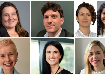 Top row (from left) Dr Amy Szarkowski, Adam Mennella, Mona Zabeti  and Yashaswini Shivegowda. Bottom row (from left) Emma Russell, Lisa Singer, and Ashleigh Cowan. Images: NextSense, GN, Hearing Implants Australia and Cochlear.