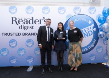 From left, at the Australian awards ceremony, are Algy Pereira, Group CEO of Direct Group, Jeeyun Choi, audiology partner, Hornsby and St Ives, and Kathryn Launchbury, Specsavers head of professional services – audiology, Australia and New Zealand. Image: Reader's Digest.