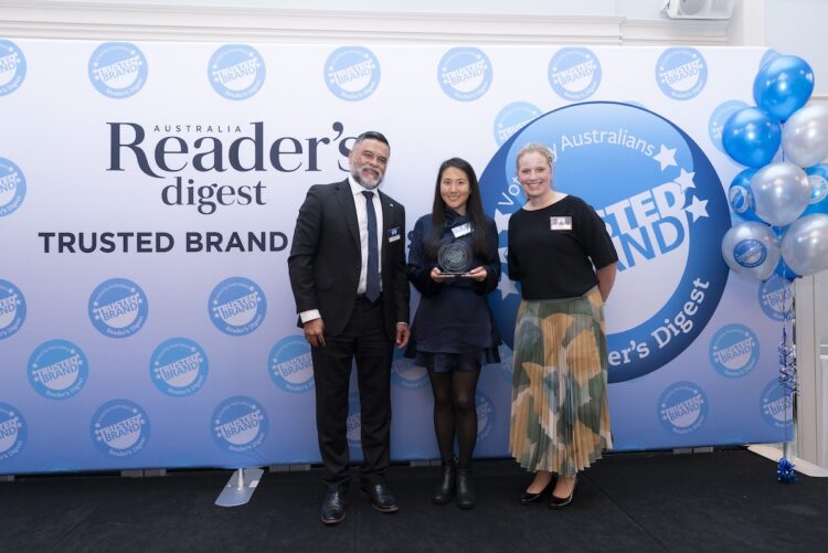 From left, at the Australian awards ceremony, are Algy Pereira, Group CEO of Direct Group, Jeeyun Choi, audiology partner, Hornsby and St Ives, and Kathryn Launchbury, Specsavers head of professional services – audiology, Australia and New Zealand. Image: Reader's Digest.
