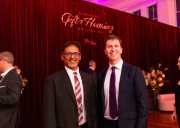 Dr Sai Praveen Haranath, chief physician and innovation officer Apollo Health Axis, left, and Adjunct Associate Professor Dr David Sly, chief operating officer of research at Ear Science Institute Australia at the Gift of Hearing event. Image: Ear Science Institute Australia.