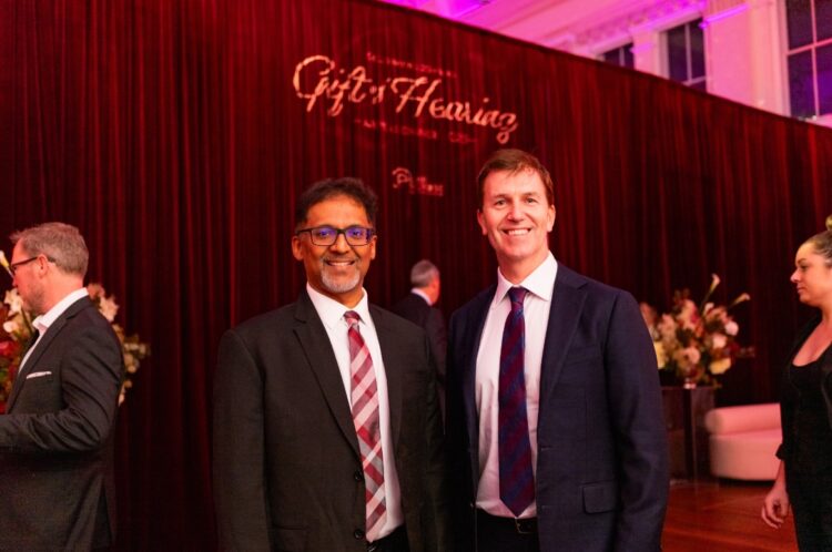 Dr Sai Praveen Haranath, chief physician and innovation officer Apollo Health Axis, left, and Adjunct Associate Professor Dr David Sly, chief operating officer of research at Ear Science Institute Australia at the Gift of Hearing event. Image: Ear Science Institute Australia.