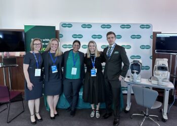 At the National Diabetes Summit at Parliament House are the Specsavers hearing and eye screening team, from left, Melissa Chandler Klunder, Kathryn Launchbury, Acyel Al-Alosi, Duchesne Markham and Dr Joseph Paul. Image: Specsavers.