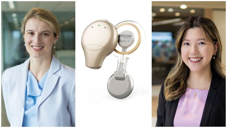 Oticon Medical audiologists Stephanie Carrick, left, and Zlindt See, right, with the Sentio System. Images: Oticon Medical.