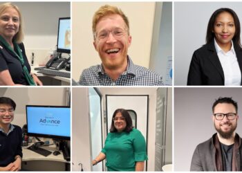 Specsavers audiology partners, from left, (top), Angela Mack, Lex Peel, Lisa Peete. (Bottom), Nathaniel Yeong, Helen Mavrodis and Brett Carlsen. Images: Specsavers.
